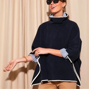 Tuckernuck Navy Leather Trim Funnel Neck Piper Poncho Preppy Old Money Coastal